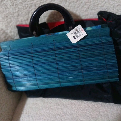 Wooden women's handbag petrol new with bone handles