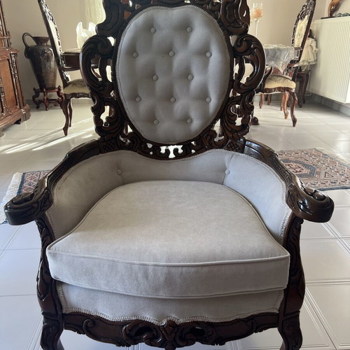 Carved Canadian Solid Wood Living Room Set like new with Marble Tables