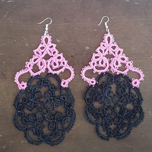 Handmade earrings needle tatting black and pink custom order