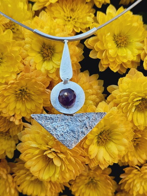 Silver handmade necklace with amethyst stone and steel, new
