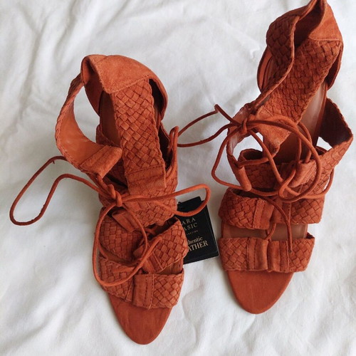 Zara brown suede leather lace-up heeled sandals new, size 40