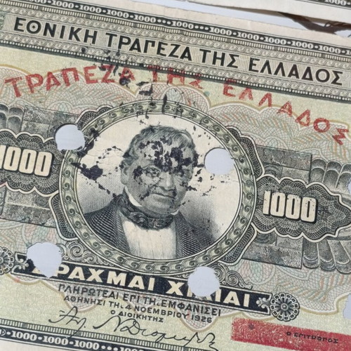 Collectible 1000 Drachma Banknotes of the National Bank of Greece used, from 1926