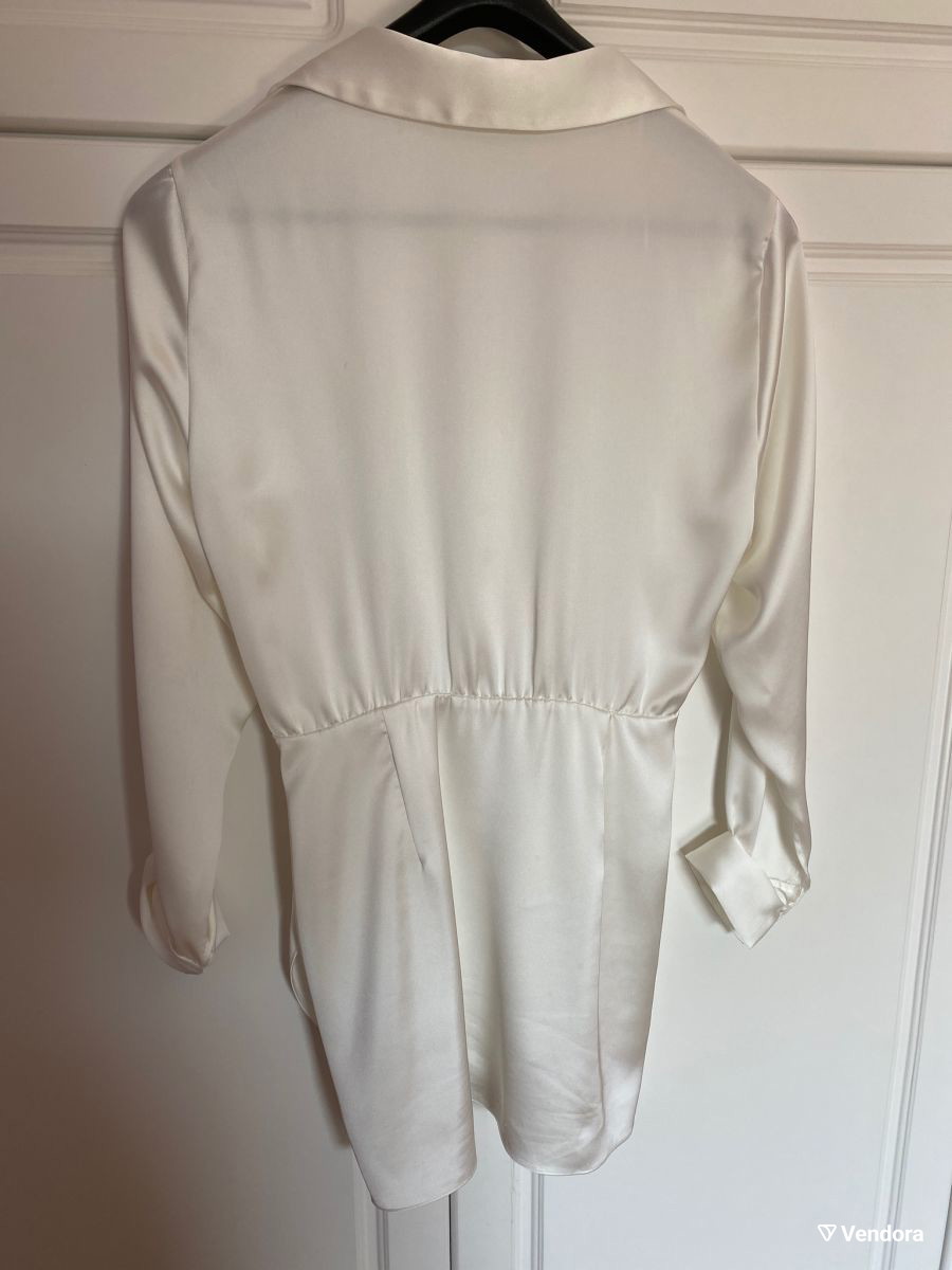 knee length dresses for ladies Zara Women's White Silk Satin Long Sleeve Button Down Mini Shirt Dress   Brie