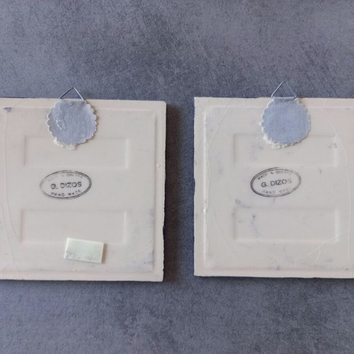 Vintage ceramic tiles pair handmade with sailing ship design, like new
