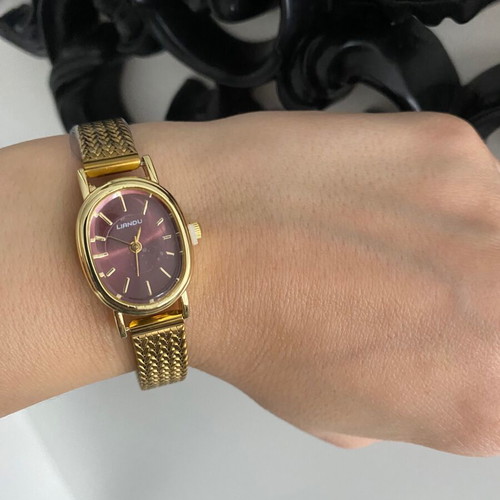 Vintage watch with burgundy dial and yellow strap women's new