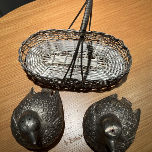 Vintage quail and partridge salt and pepper set with wire basket