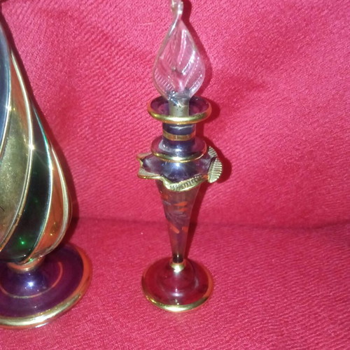 Egyptian handmade perfume bottles set of 2, like new, blown glass with gold details