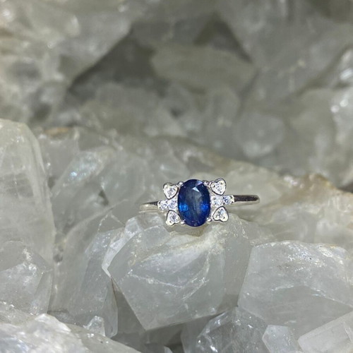 Handmade silver ring with natural blue sapphire and moissanites size 6