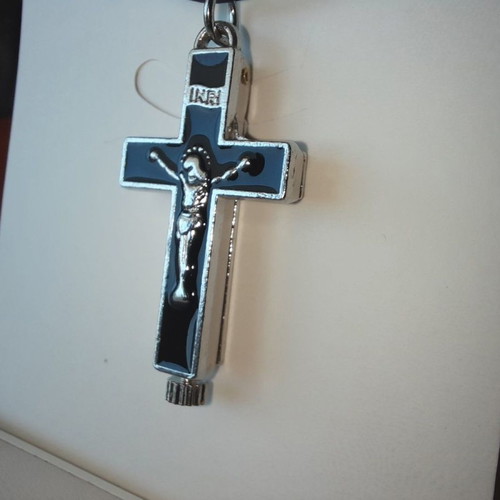 Metal opening cross new with black enamel and adjustable cord