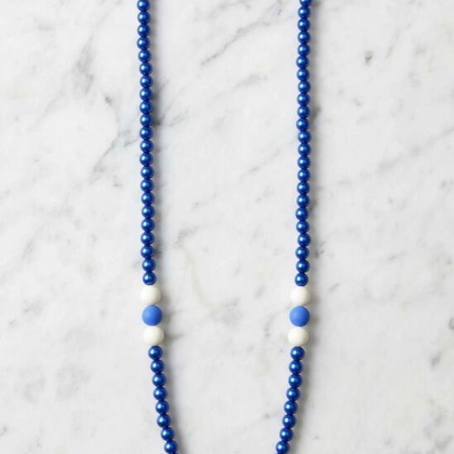 Handmade, blue white beaded long necklace and earings