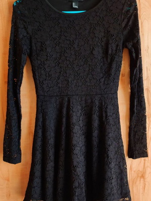 Black fitted skater dress with lace and lining, long sleeves, new