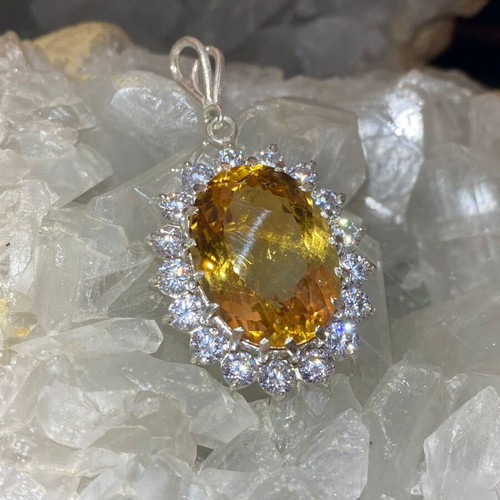 Silver pendant with large cut citrine stone and moissanites, new