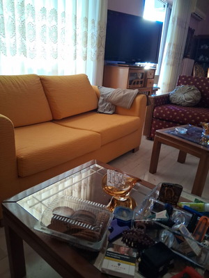 Living room furniture set like new with three pieces and handmade red sofa bed