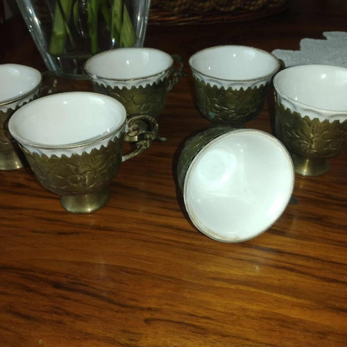 Vintage brass cups with porcelain used, set of 6 pieces