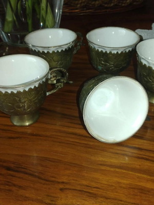 Vintage brass cups with porcelain used, set of 6 pieces