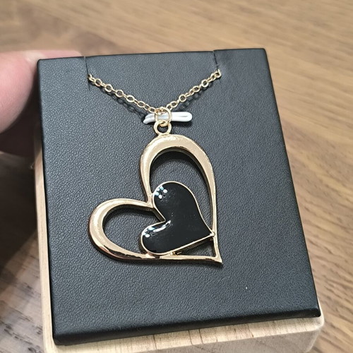 Necklace with Double Heart pendant, gold color with black heart