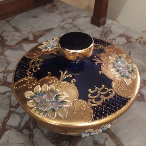 Murano crystal blue and gold fondue pot with lid