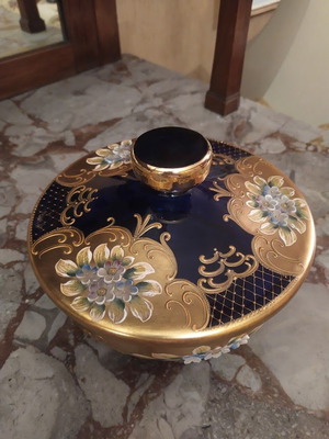 Murano crystal blue and gold fondue pot with lid