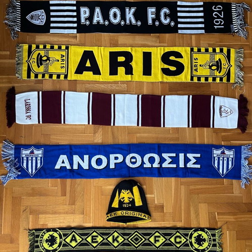 Collection of used football scarves, beanie and shirt set
