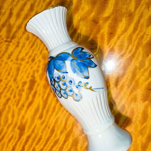 Decorative porcelain vase used 22cm with blue flowers and gold lines