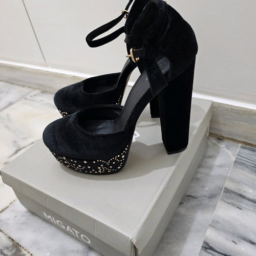 Migato closed black velvet pumps 12cm with ankle strap and studs