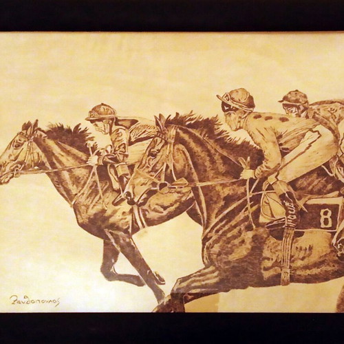 Hippodromies woodburning painting new, poplar wood