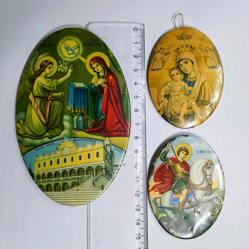 Set of 3 used vintage oval metal religious images