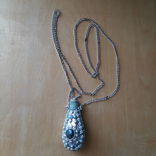 Vintage perfume bottle necklace used with filigree and semiprecious stones