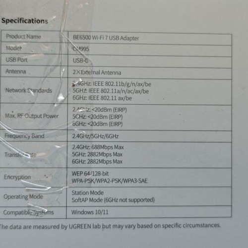 Ugreen BE6500 WiFi 7 Dongle adapter for desktop computer new