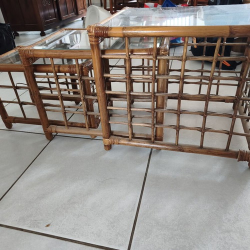 Set of 2 bamboo rattan coffee tables with glass top used