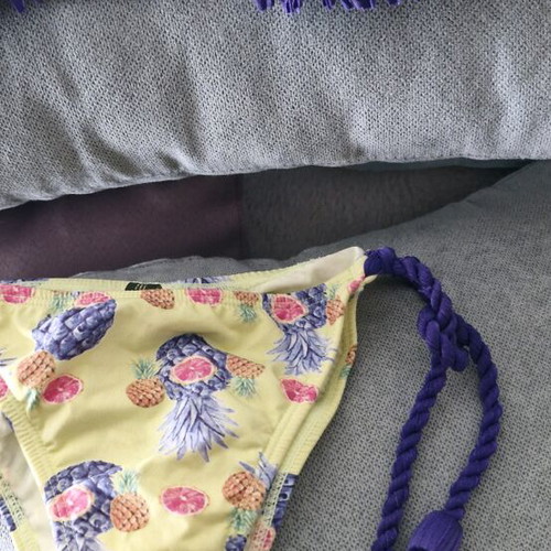 Despi bikini set top and bottom, purple and yellow, size large