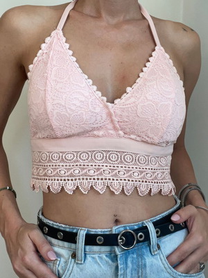 Boho Pink Lace Crop Top Halter Neck Backless Like New