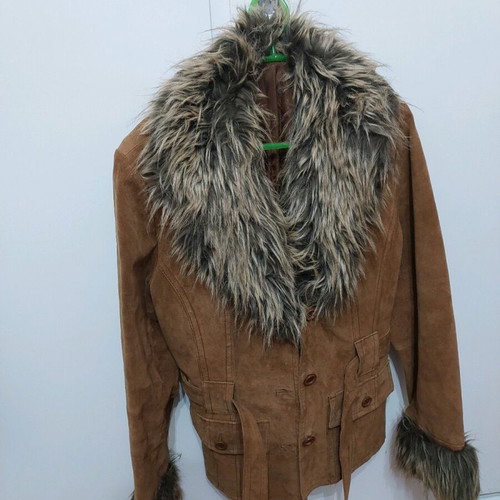 Suede leather jacket brown like new with removable waist fur size L