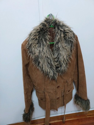 Suede leather jacket brown like new with removable waist fur size L