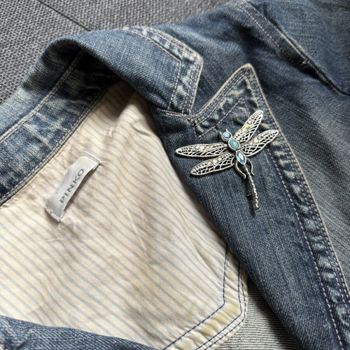 Pinko women's vintage denim jacket with dragonfly brooch, used, size M
