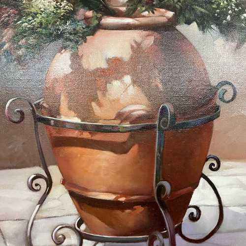 Grassia oil painting used, vase with flowers in handmade carved frame