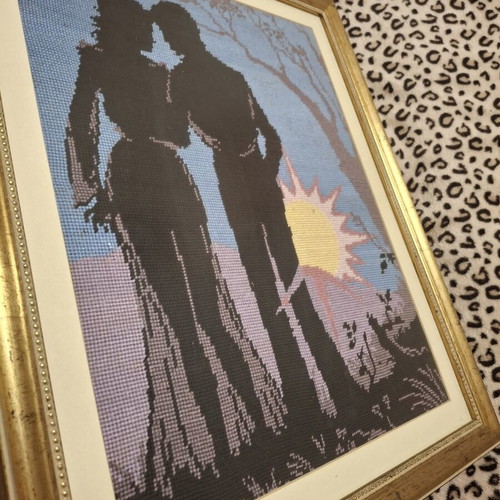 Embroidered framed textile painting, handmade