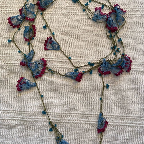 Knitted necklace like new, handmade with crochet, blue and purple