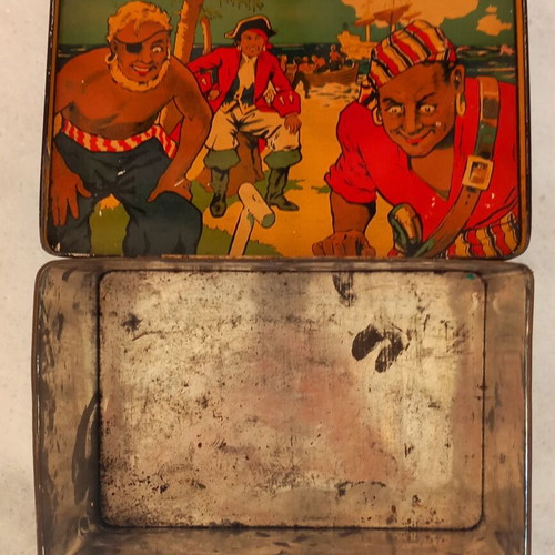 French metal candy tin box with lithograph image, circa 1920
