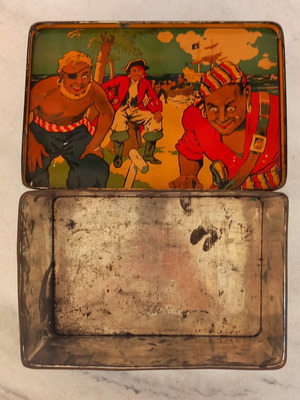 French metal candy tin box with lithograph image, circa 1920