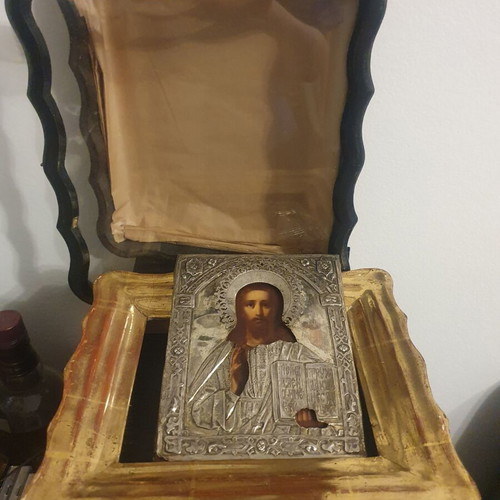 Old Russian Jesus Icon used in wooden frame with glass