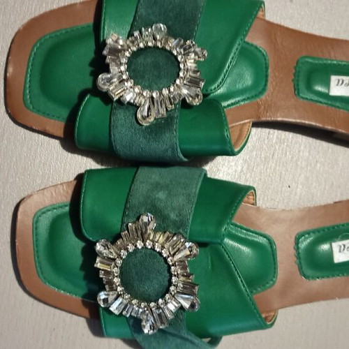 Flat green sandals with rhinestones, size 40, like new