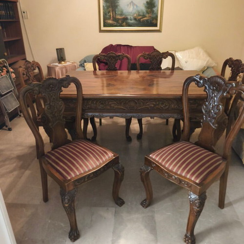 Vintage carved handmade dining table, solid walnut 1952