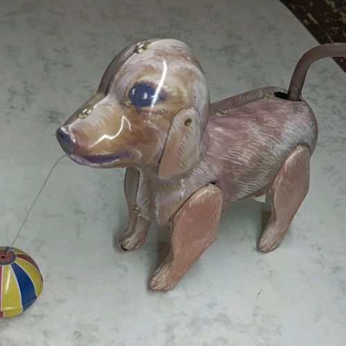 Tin wind-up dog replica of Jolly Bruno toy from 60s, new
