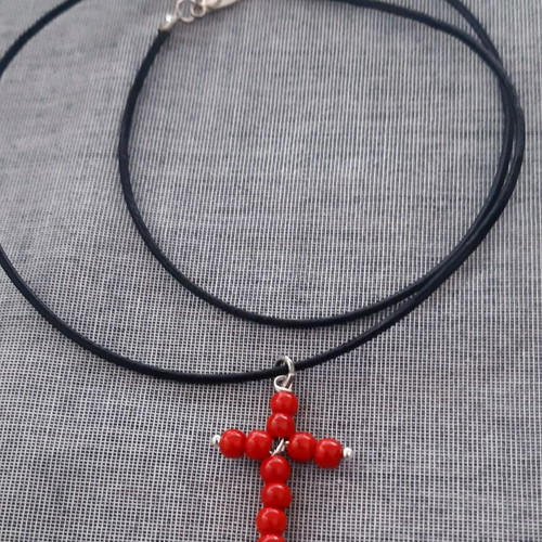 Elli cross with natural red coral and black genuine leather strap, new