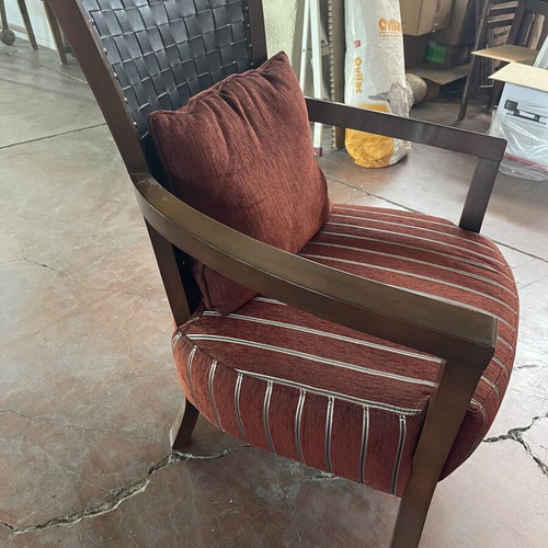 Living room armchair with woven leather back used, solid wood frame