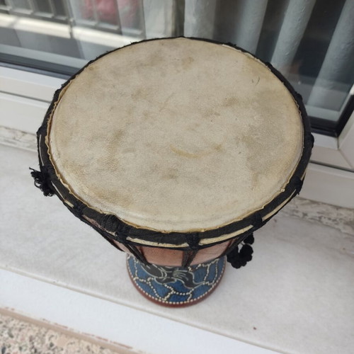 Djembe drum used, traditional carved wood, 30cm height