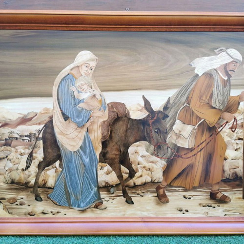 Intarsia woodcarving artwork like new, The Flight into Egypt from 17 woods