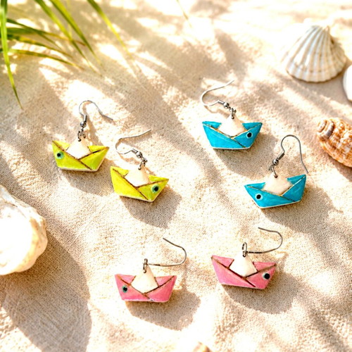 Boat earrings new, handmade clay and glass with steel elements