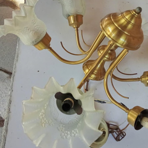 Brass 6-Light Vintage Ceiling Lamp used, 1970s with opaline shades